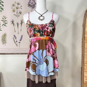 Upcycled Vintage Floral Mixed Media Babydoll Cami Top Fairy Y2k Whimsy Twee S
